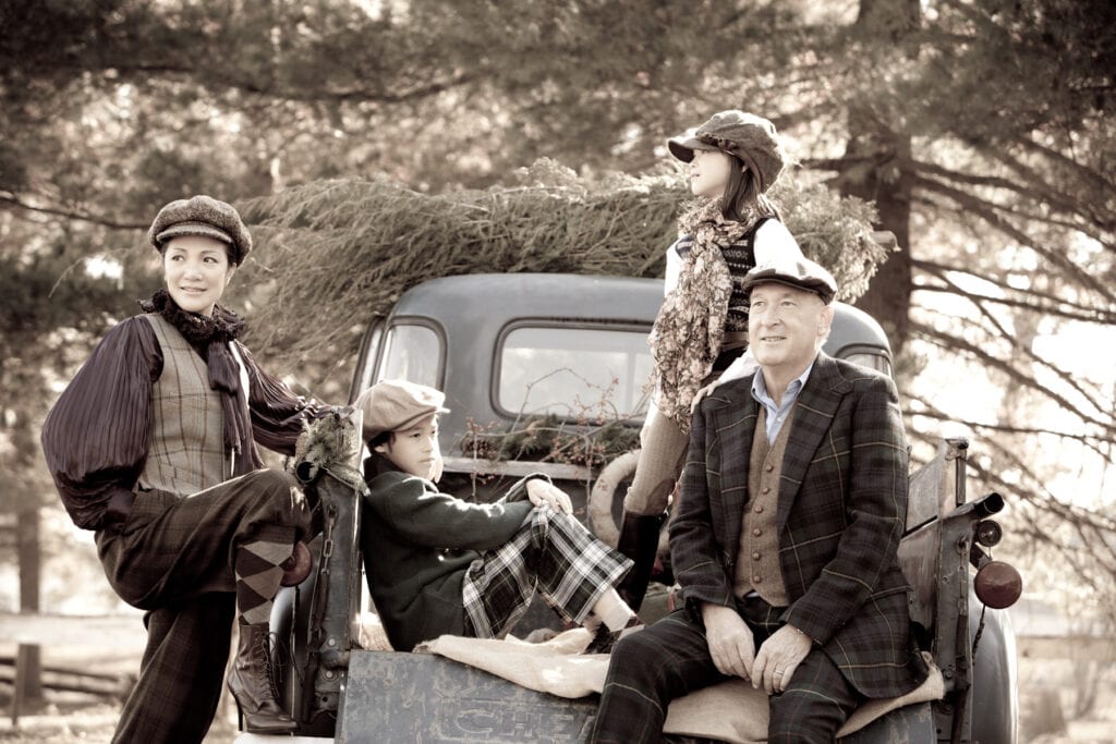 vintage holiday family on old truck