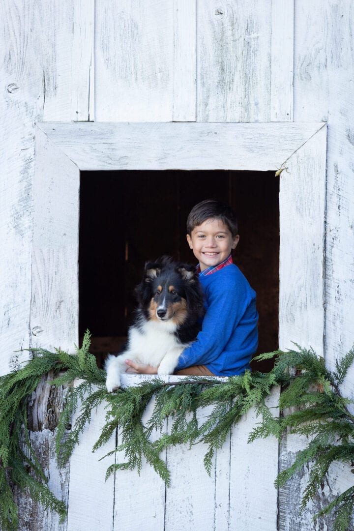 Boy in festive barn window with dog