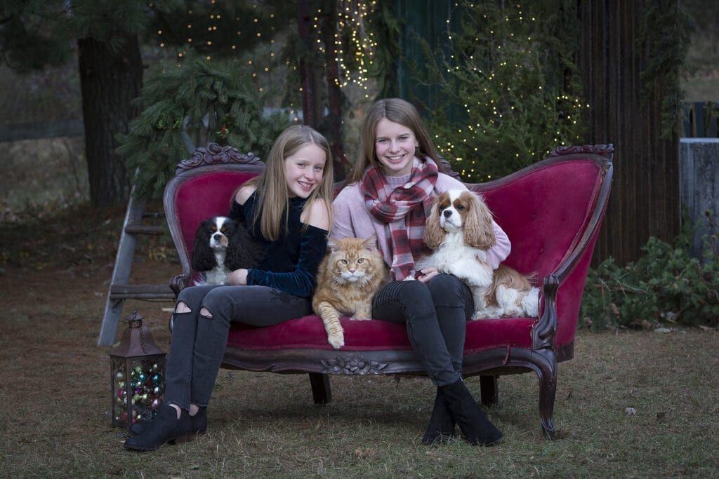 sisters on red sofa with pets for holiday mini session in Leesburg virginia