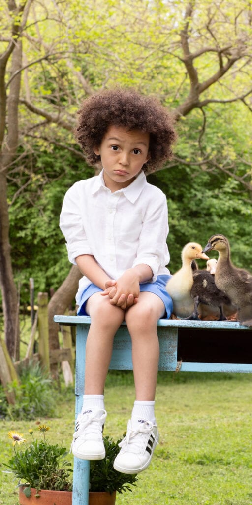 Funny faced little boy with ducklings Leesburg Virginia