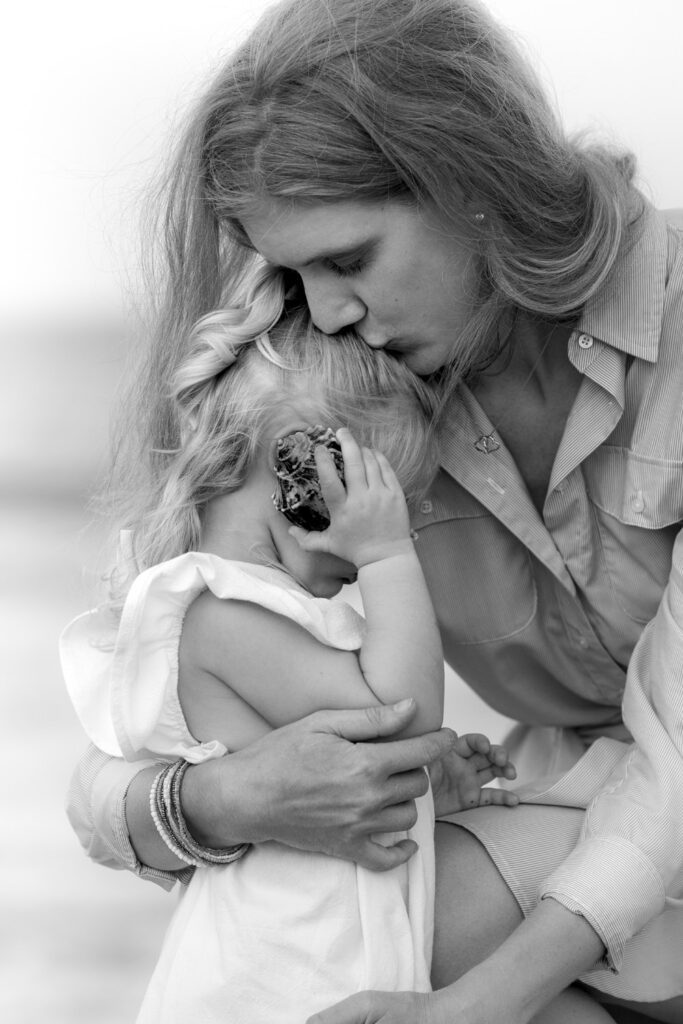 mother and child on the beach Duck NC in black and white