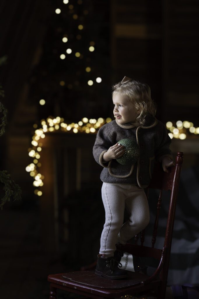 Small girl in old barn with a holiday ornament
